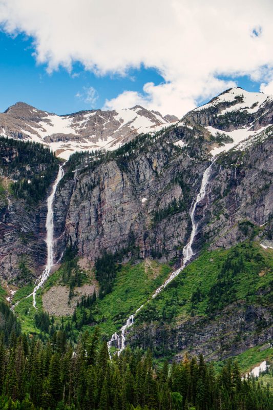 Waterfalls cascading into Avalanche Lake